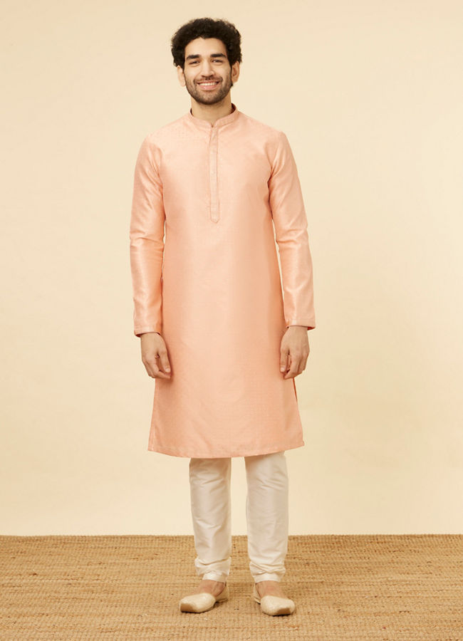 alt message - Manyavar Men Coral Pink Sitara Embellished Kurta Set image number 2