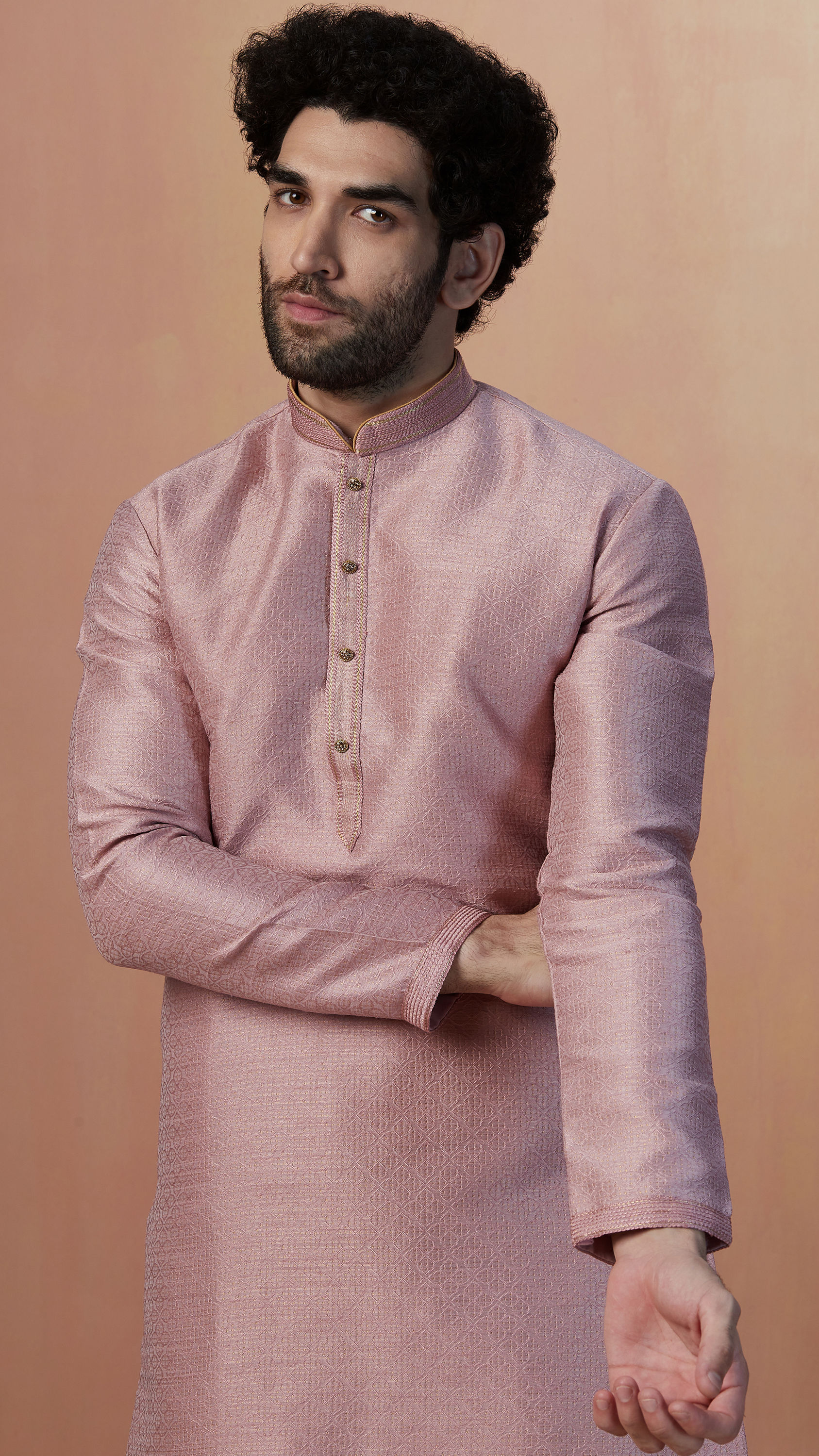 Manyavar Men Salmon Pink Jacquard Kurta Pajama