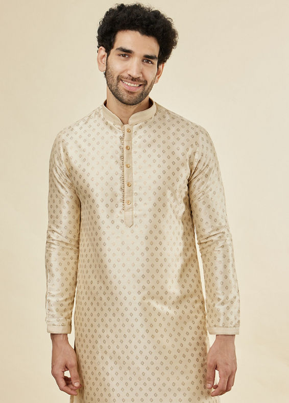 Manyavar Men Biscuit Cream Shankh Patterned Kurta Set