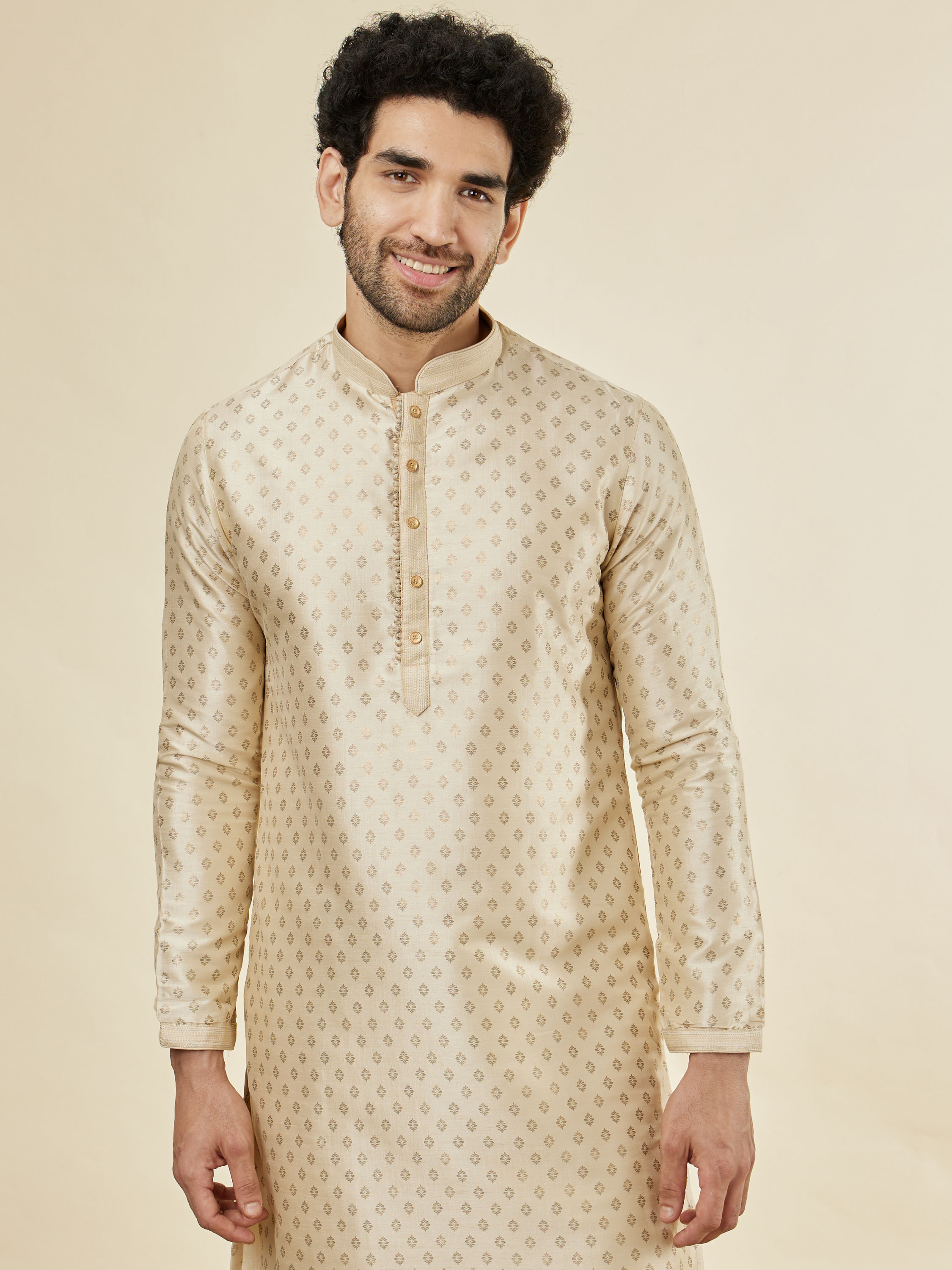 Manyavar Men Biscuit Cream Shankh Patterned Kurta Set