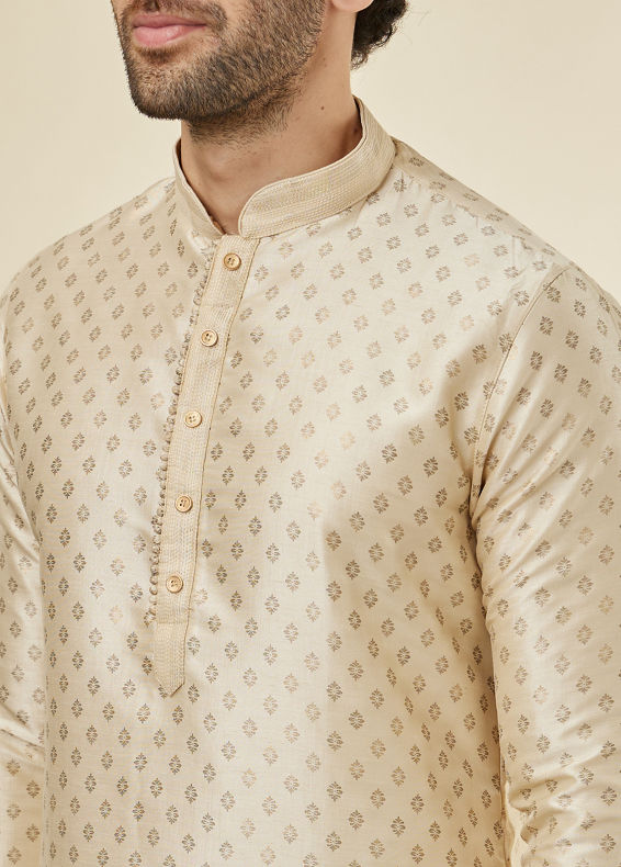 Manyavar Men Biscuit Cream Shankh Patterned Kurta Set