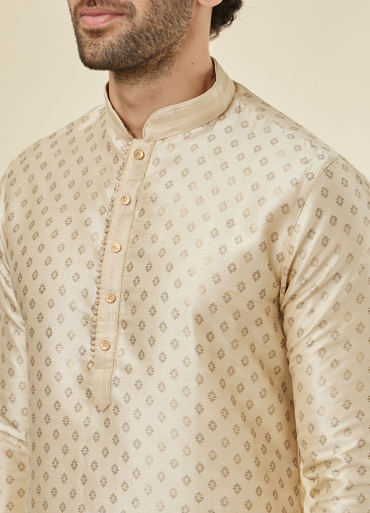 Manyavar Men Biscuit Cream Shankh Patterned Kurta Set