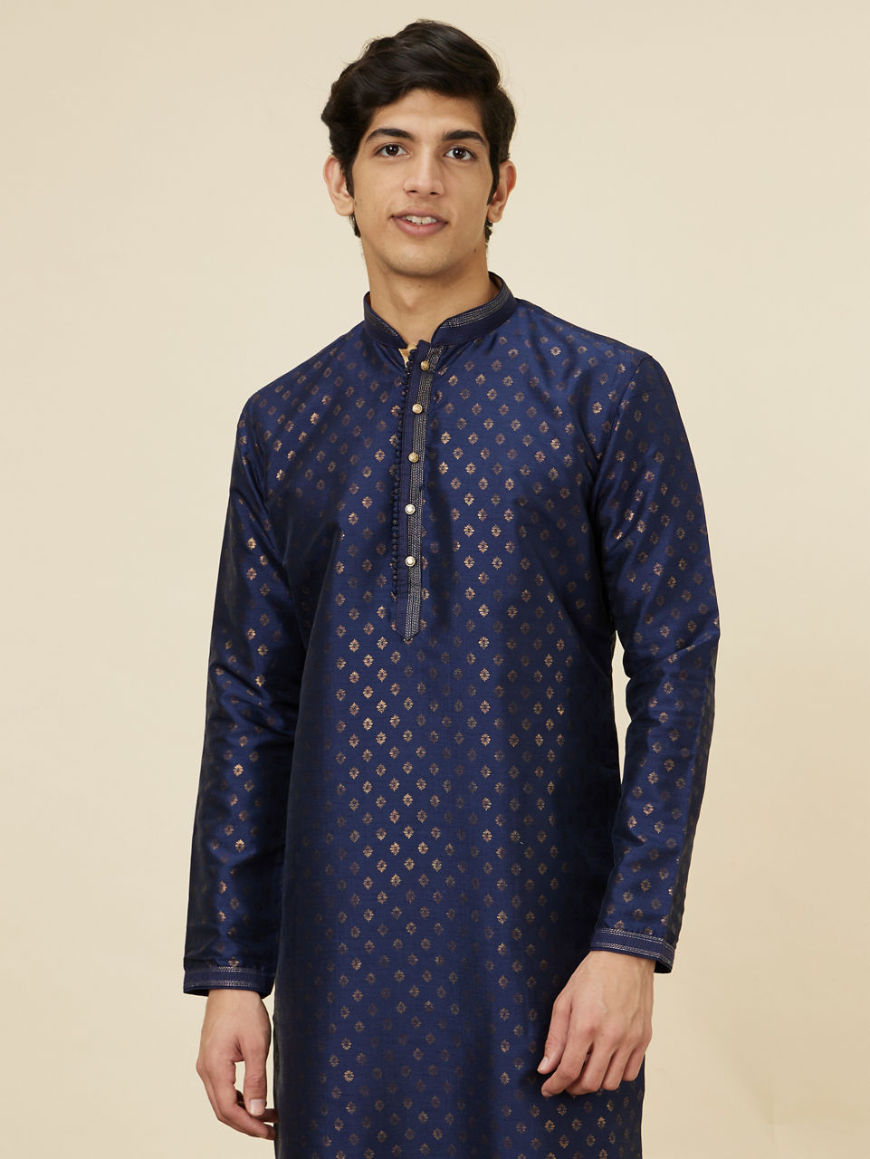 Manyavar Men Navy Blue Shankh Patterned Kurta Set