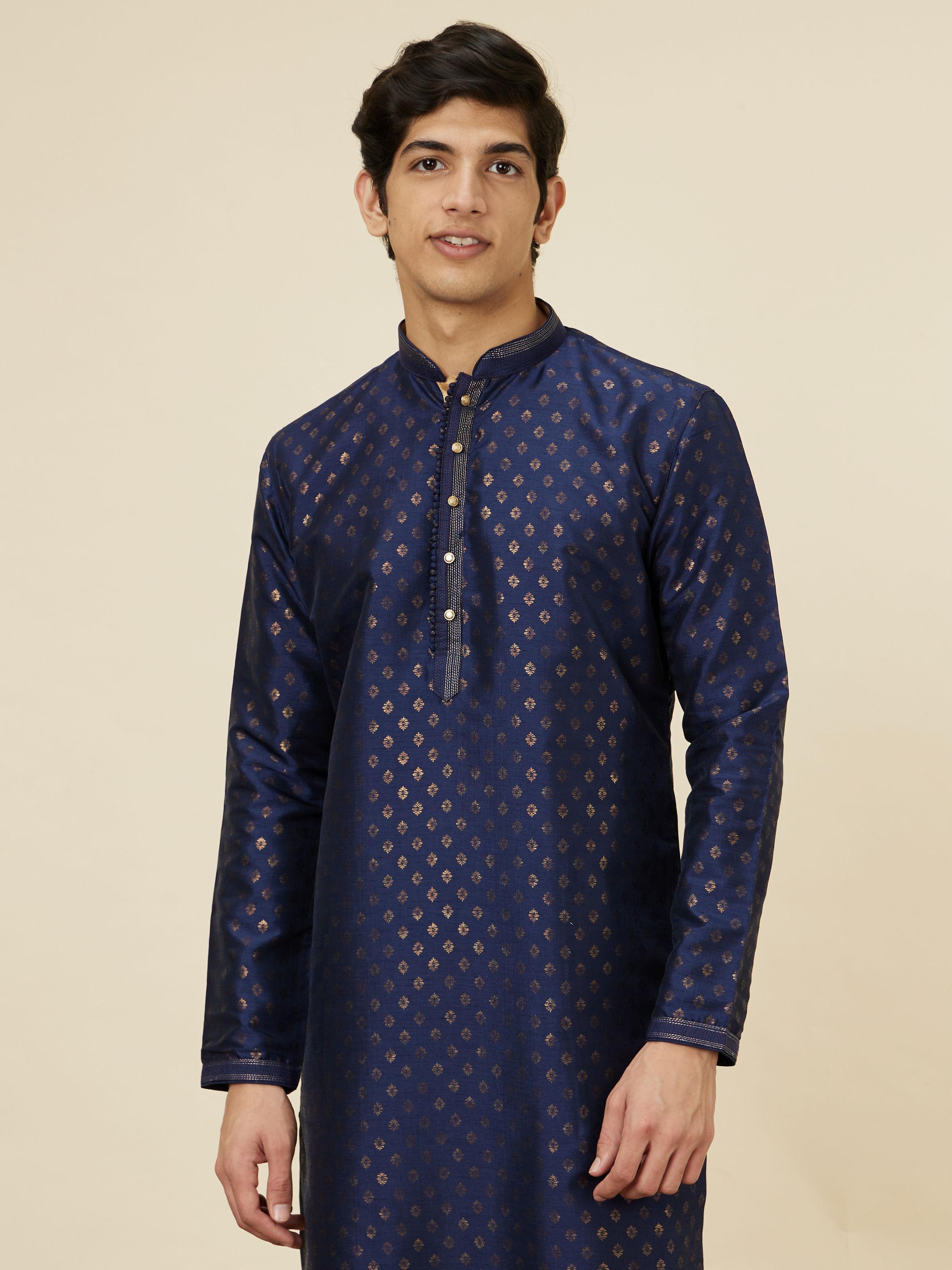 Manyavar Men Navy Blue Shankh Patterned Kurta Set