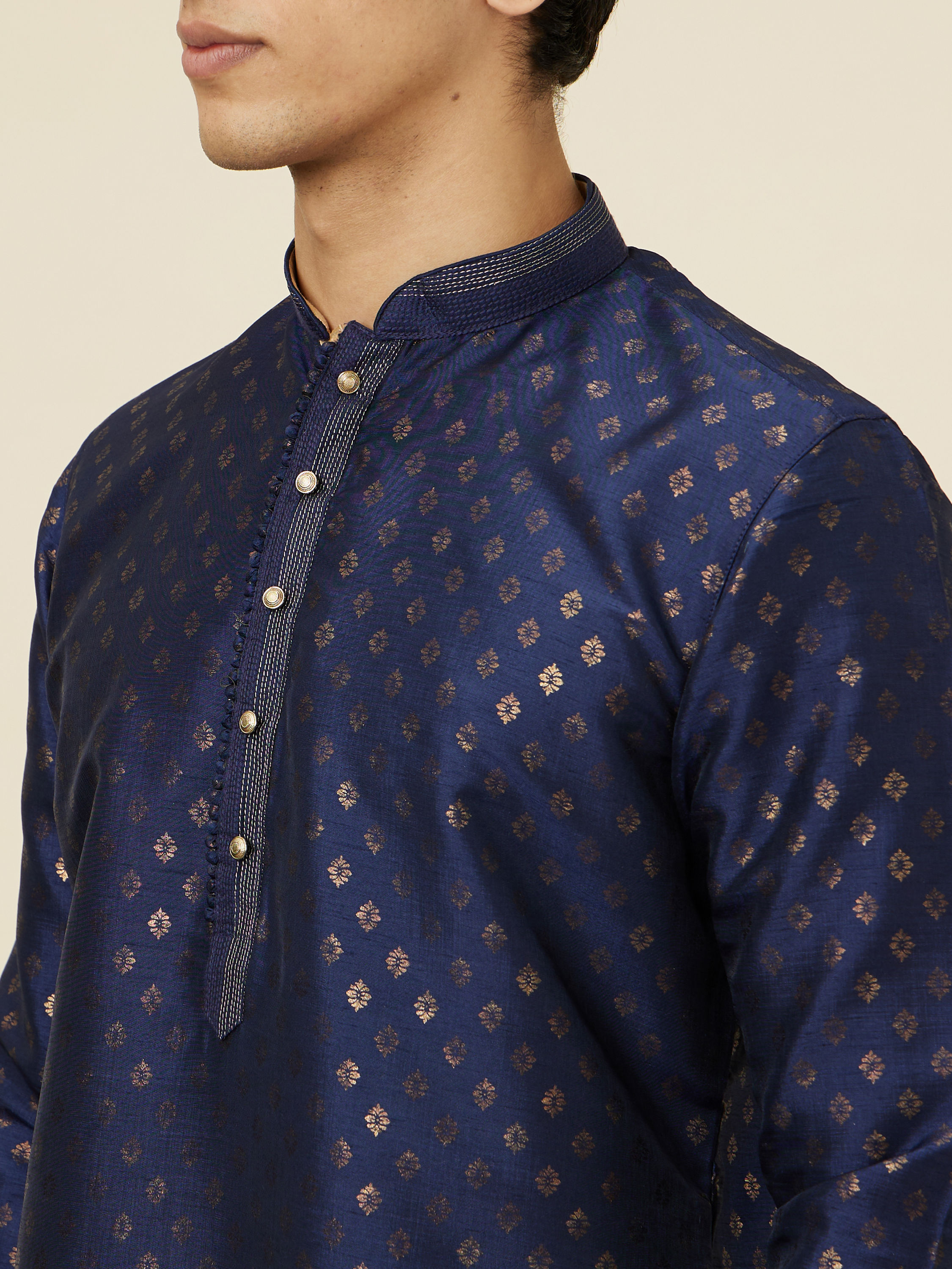 Manyavar Men Navy Blue Shankh Patterned Kurta Set