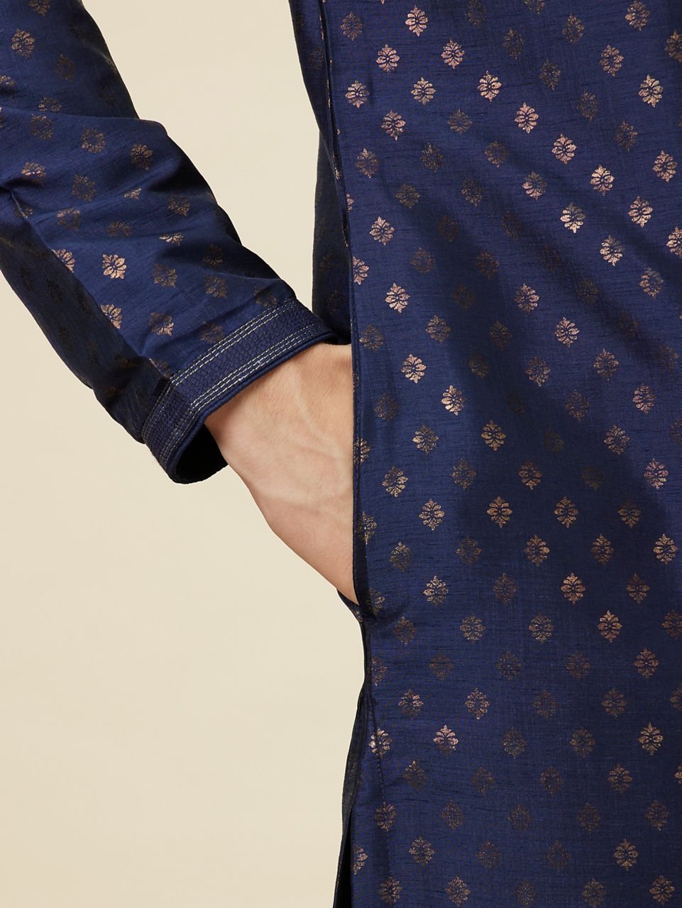 Manyavar Men Navy Blue Shankh Patterned Kurta Set