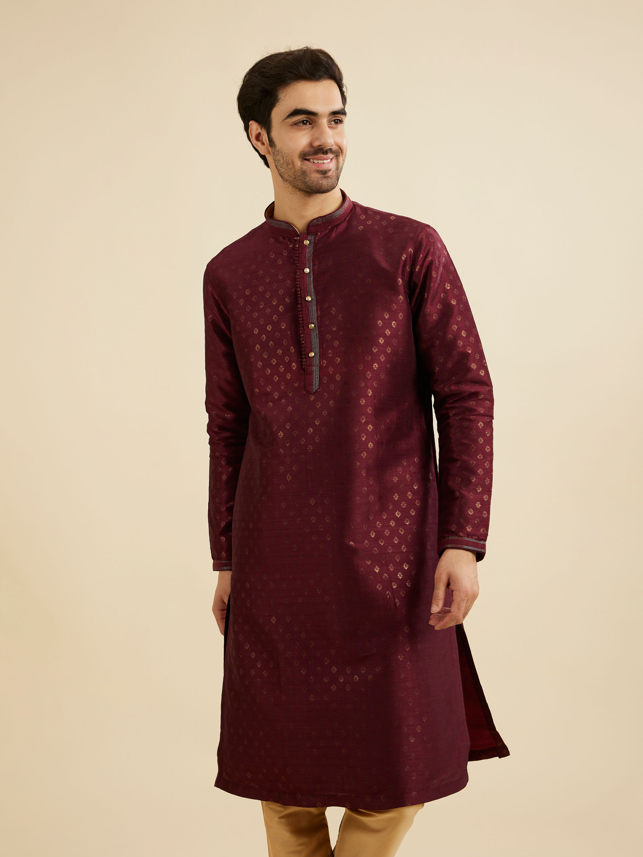 Manyavar Men Royal Maroon Printed Kurta Set