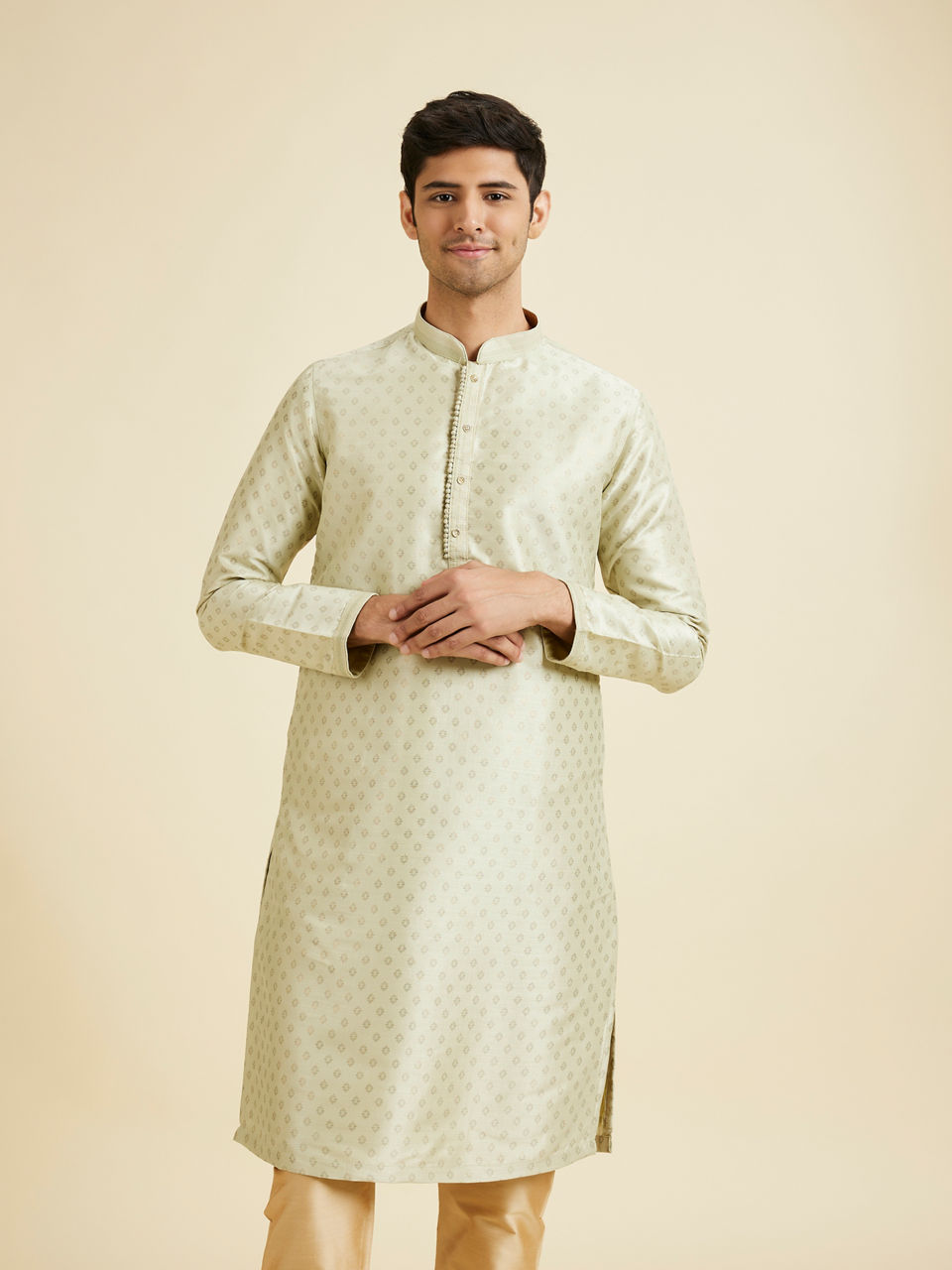 Manyavar Men Pista Green Foil Print Kurta Set