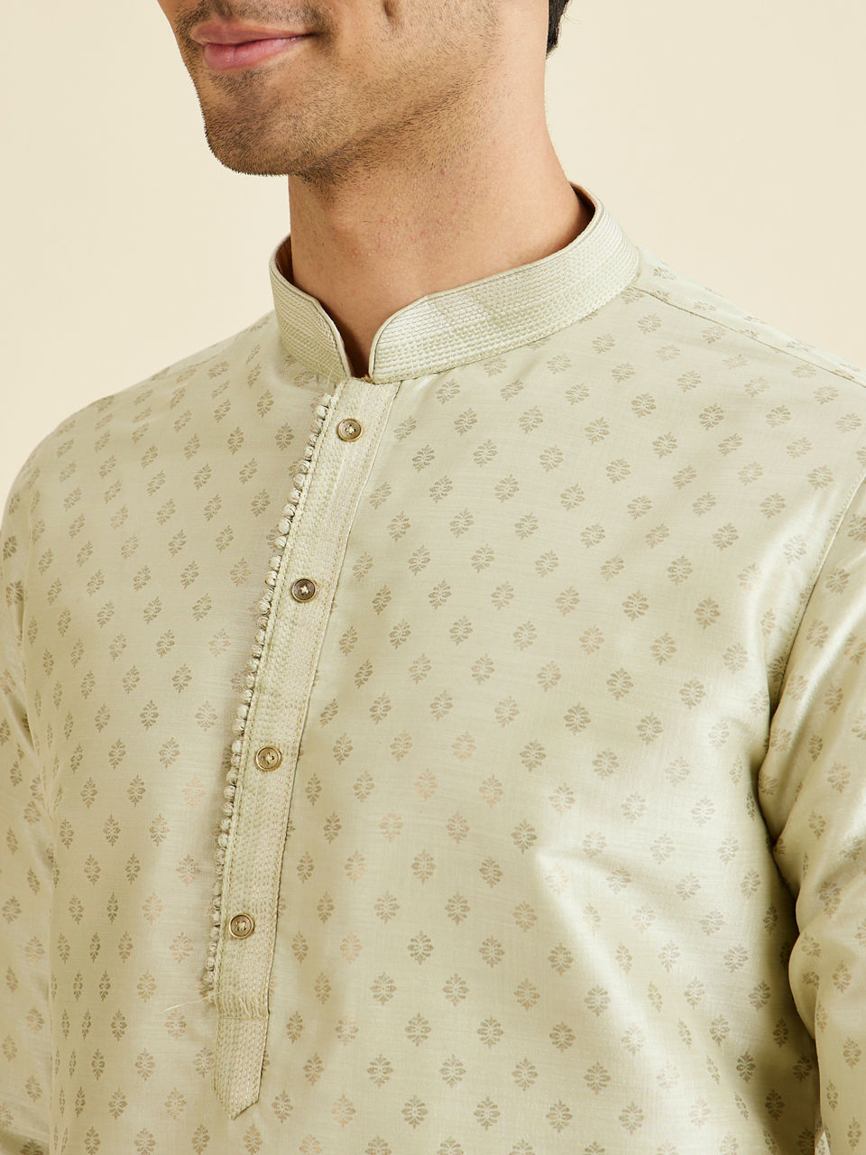 Manyavar Men Pista Green Foil Print Kurta Set