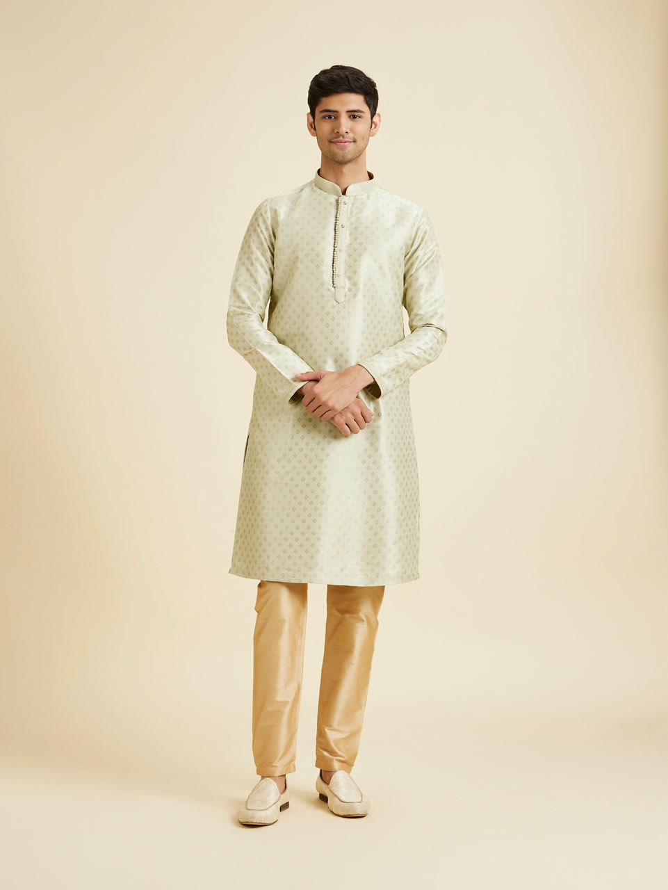 Manyavar Men Pista Green Foil Print Kurta Set