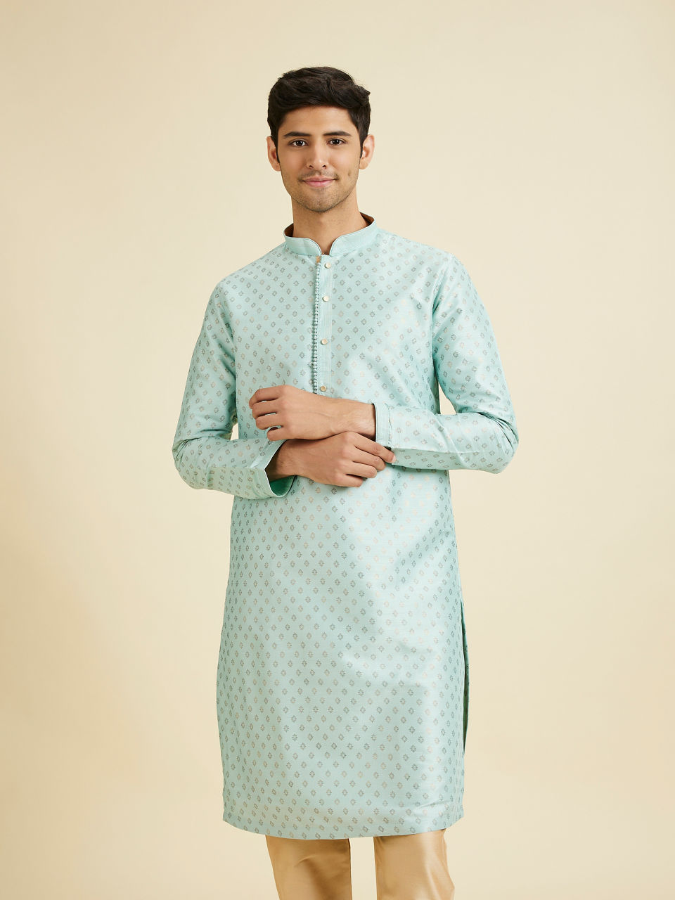 Manyavar Men Sea Green Kurta Pajama With Golden Motifs
