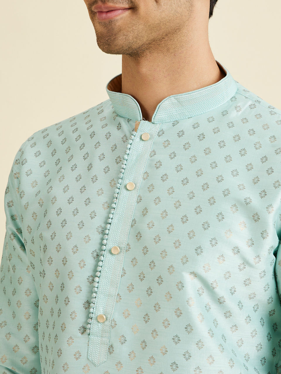 Manyavar Men Sea Green Kurta Pajama With Golden Motifs