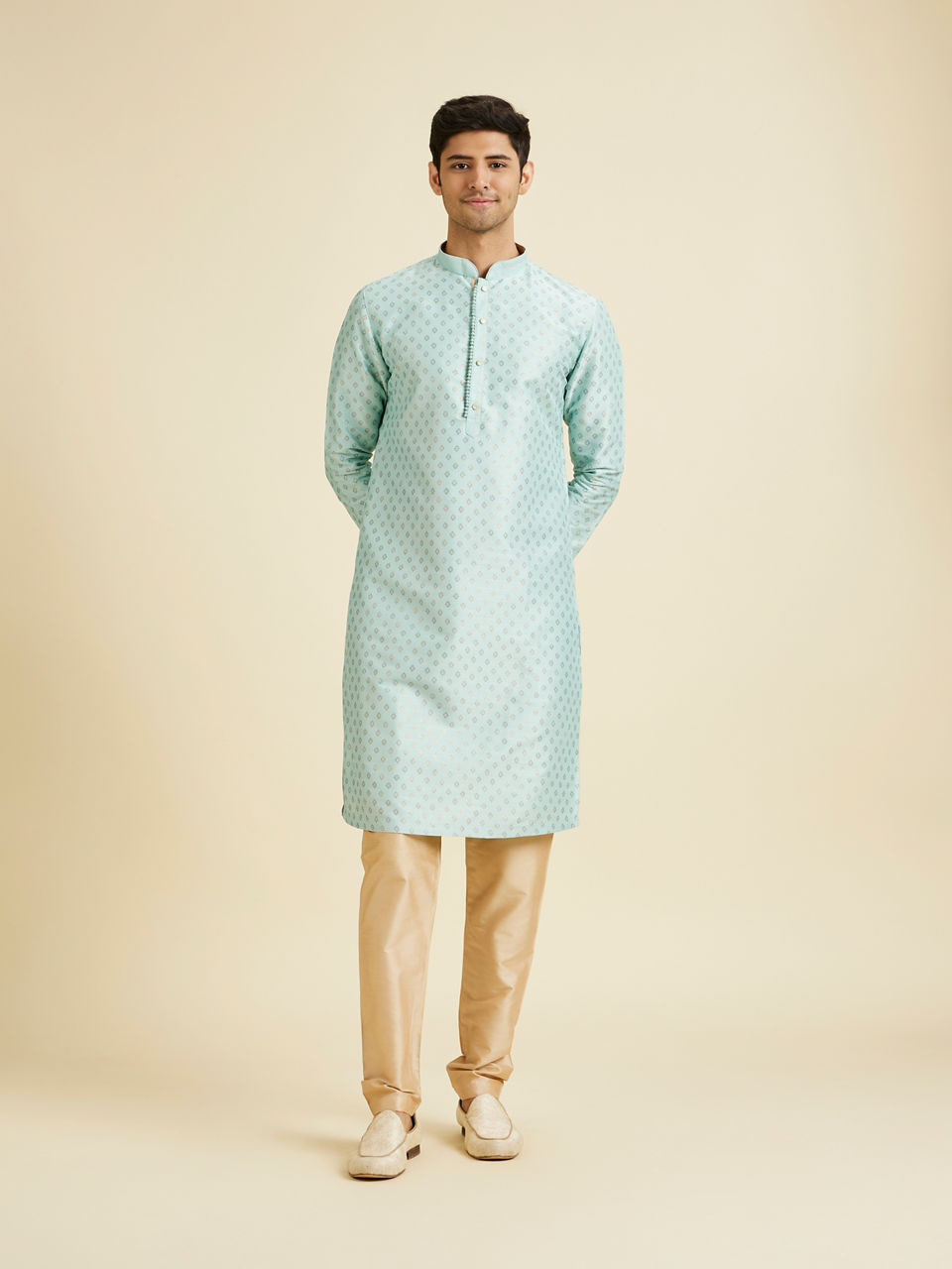Manyavar Men Sea Green Kurta Pajama With Golden Motifs