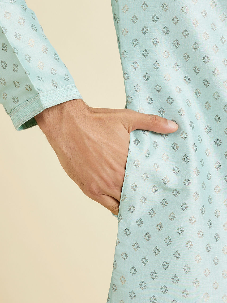 Manyavar Men Sea Green Kurta Pajama With Golden Motifs