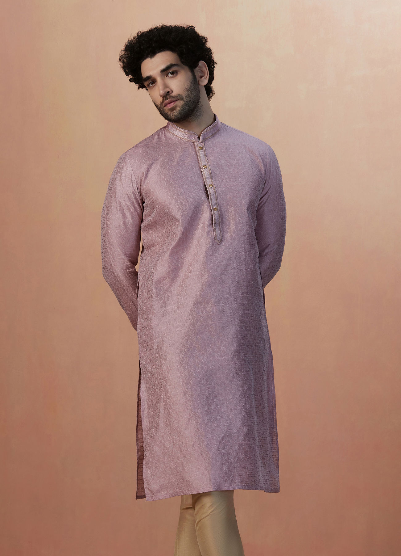 Manyavar Men Light Pink Jacquard Kurta Pajama