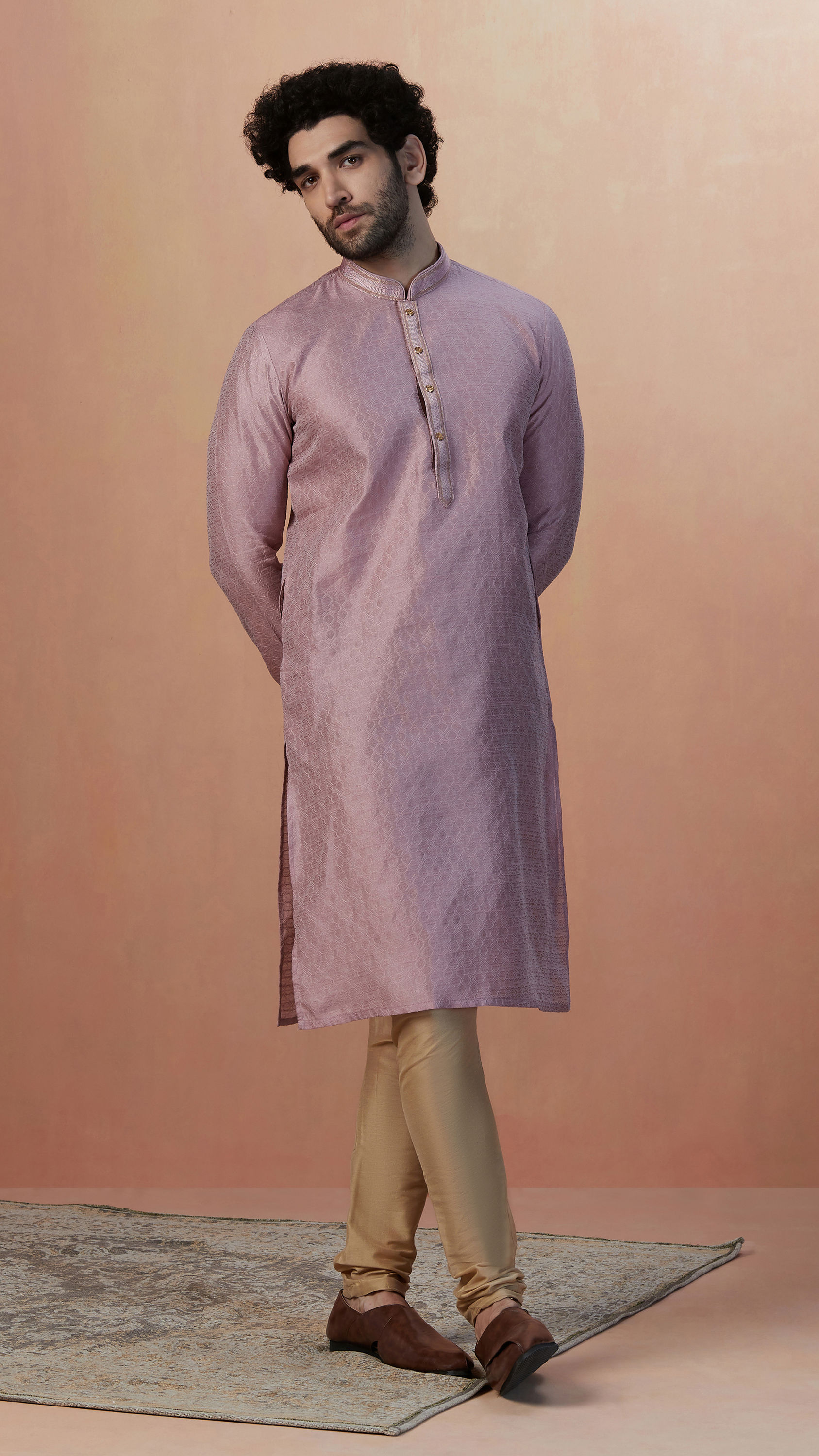 Manyavar Men Light Pink Jacquard Kurta Pajama