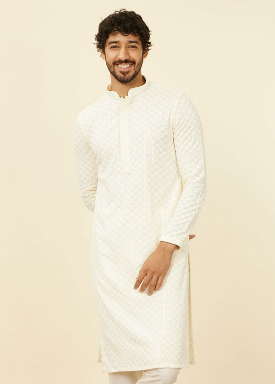 Manyavar Men Soft Cream Chikankari Kurta Set