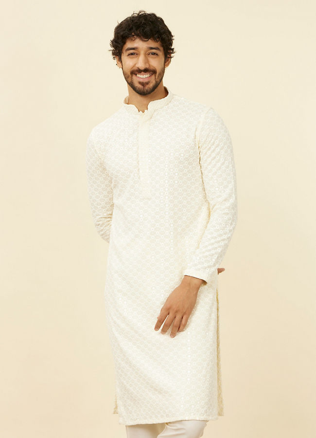 alt message - Manyavar Men Soft Cream Chikankari Kurta Set image number 0