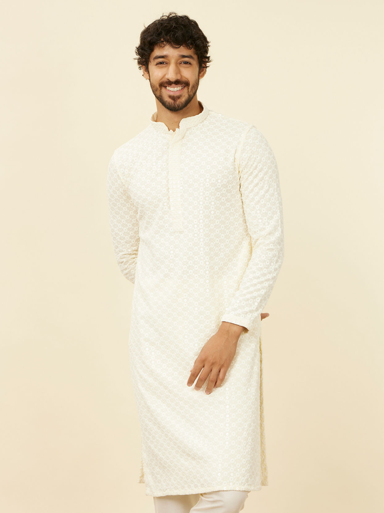 alt message - Manyavar Men Soft Cream Chikankari Kurta Set image number 0