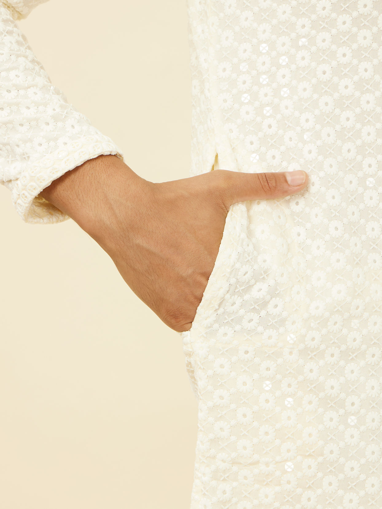 Manyavar Men Soft Cream Chikankari Kurta Set