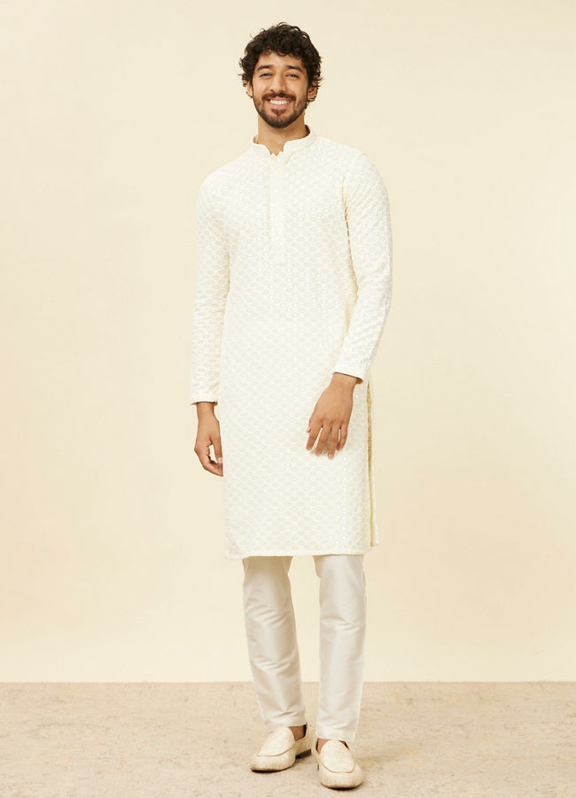 Manyavar Men Soft Cream Chikankari Kurta Set