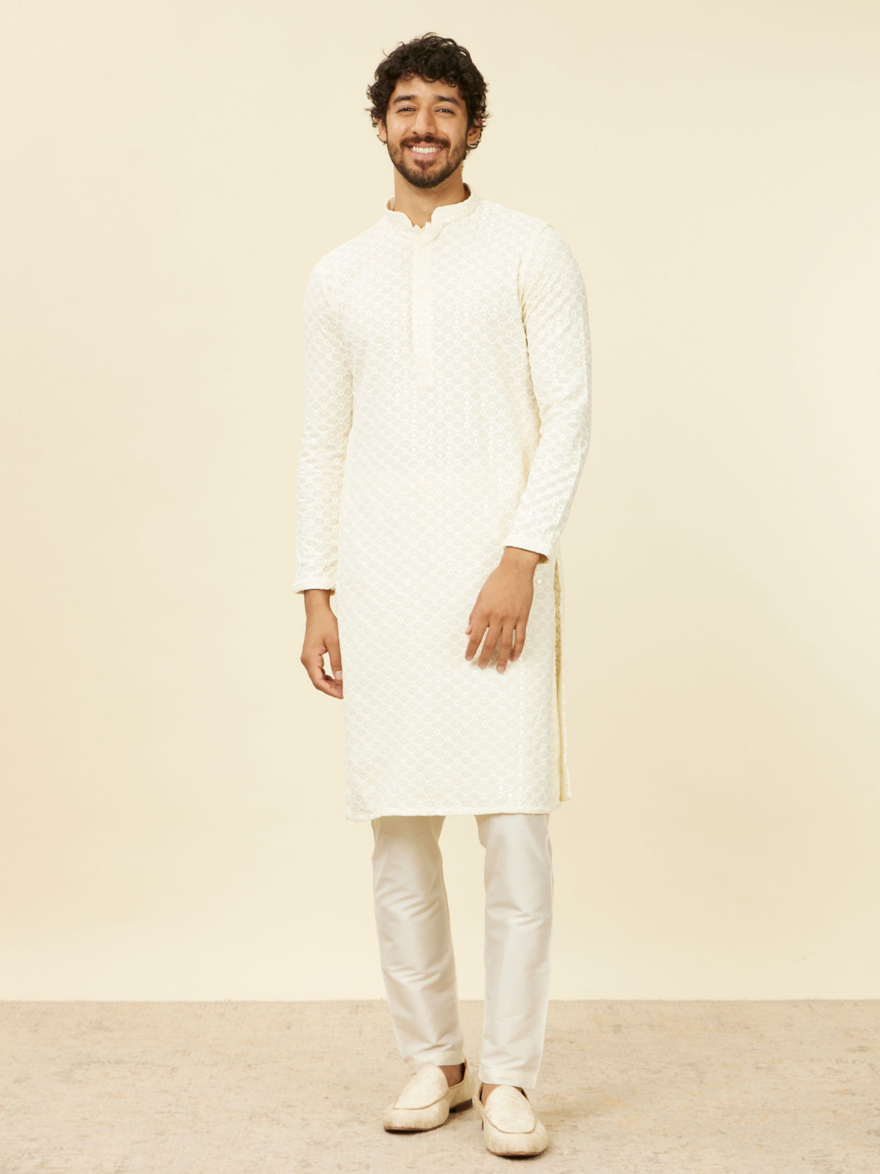 alt message - Manyavar Men Soft Cream Chikankari Kurta Set image number 2