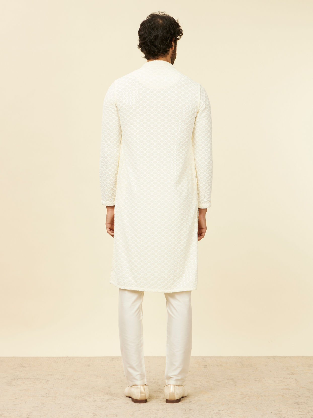 alt message - Manyavar Men Soft Cream Chikankari Kurta Set image number 5