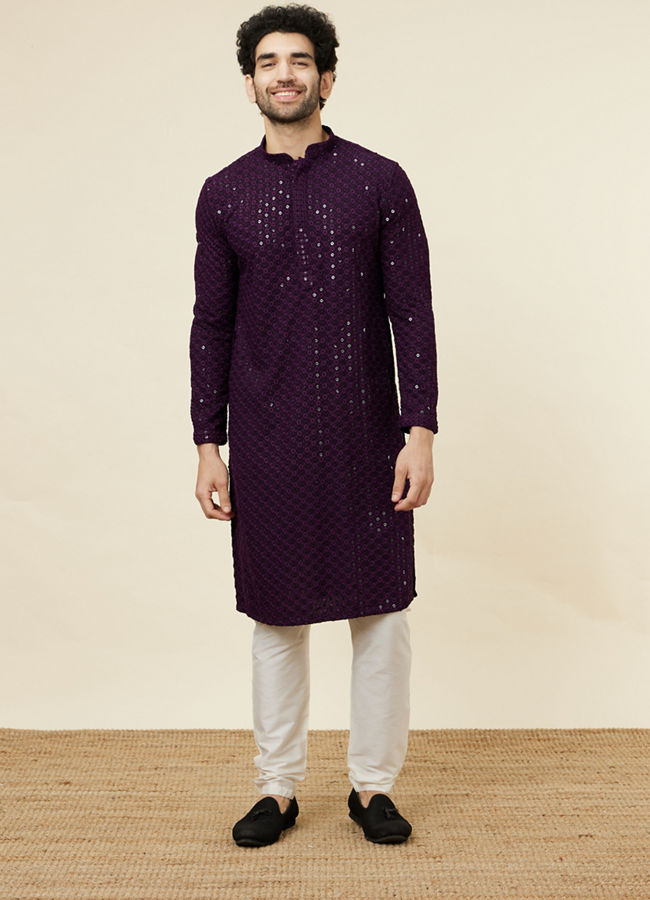 alt message - Manyavar Men Jamun Purple Sequin Embellished Chikankari Kurta Set image number 2