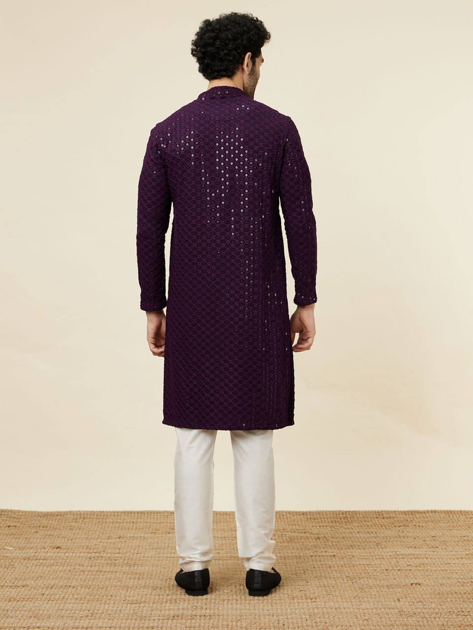 Manyavar Men Jamun Purple Sequin Embellished Chikankari Kurta Set