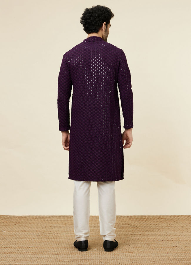 Manyavar Men Jamun Purple Sequin Embellished Chikankari Kurta Set