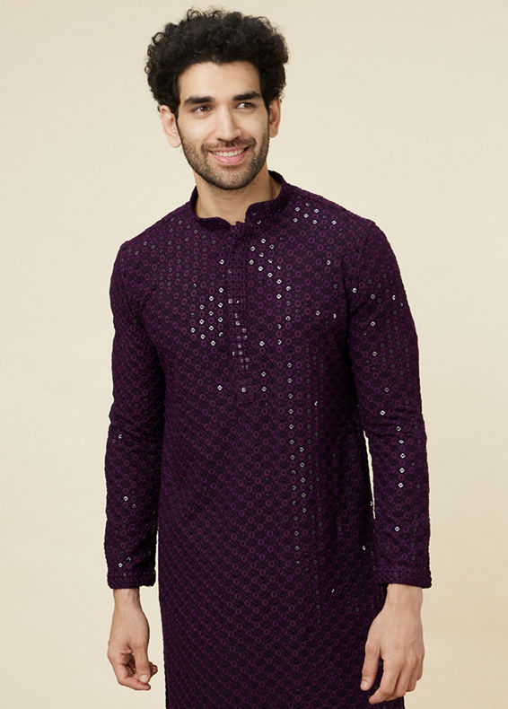 Manyavar Men Jamun Purple Sequin Embellished Chikankari Kurta Set