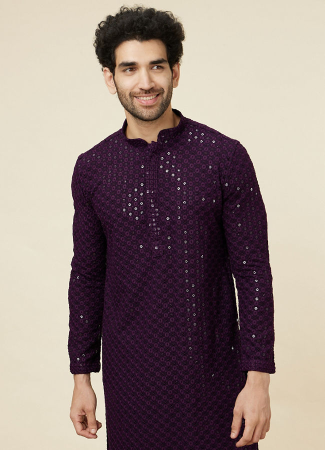 Manyavar Men Jamun Purple Sequin Embellished Chikankari Kurta Set