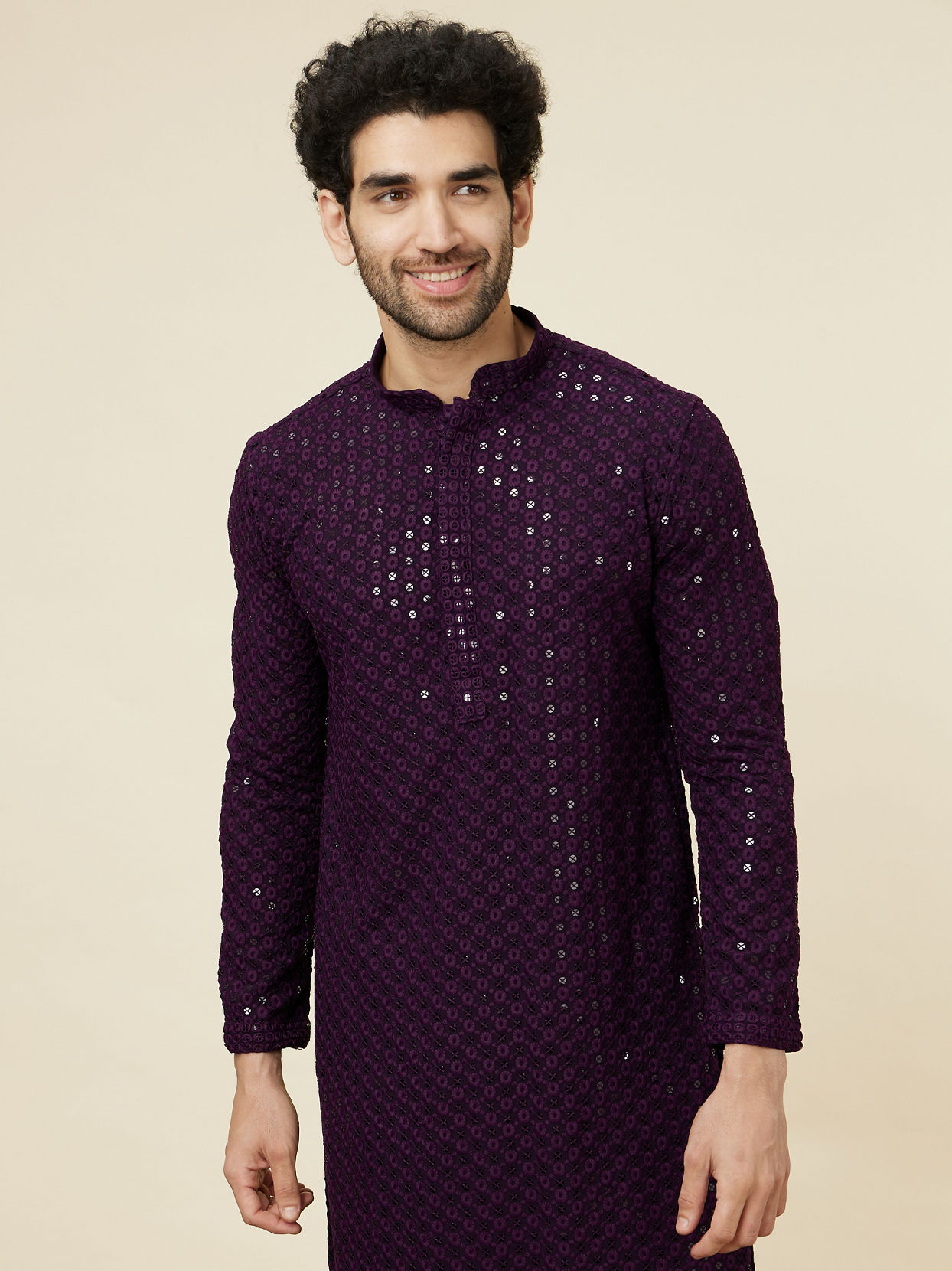 alt message - Manyavar Men Jamun Purple Sequin Embellished Chikankari Kurta Set image number 0