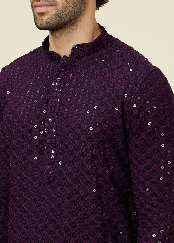 Manyavar Men Jamun Purple Sequin Embellished Chikankari Kurta Set