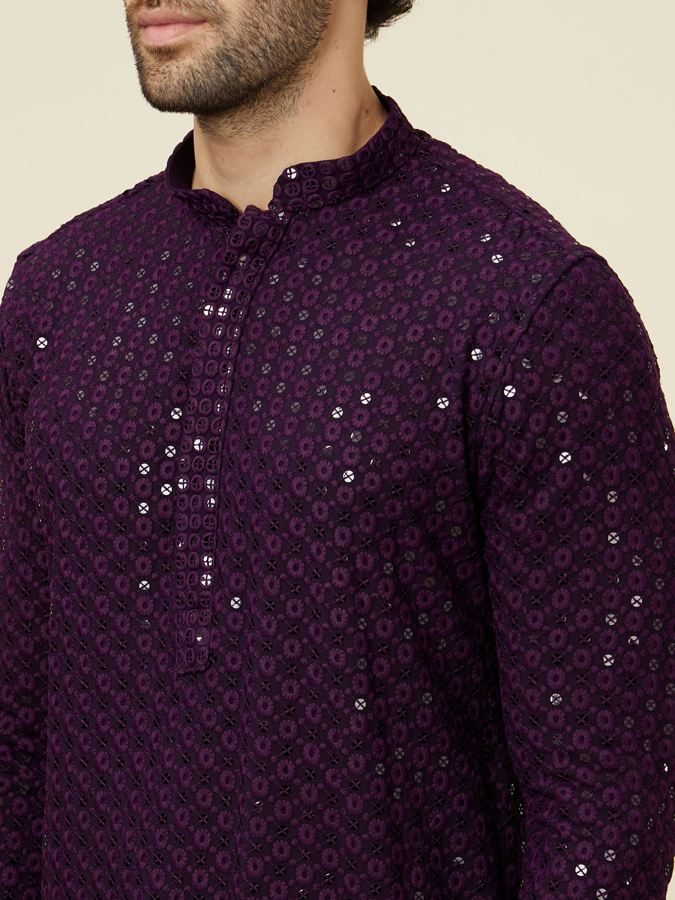 Manyavar Men Jamun Purple Sequin Embellished Chikankari Kurta Set