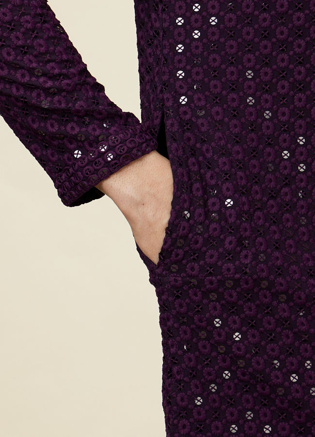 alt message - Manyavar Men Jamun Purple Sequin Embellished Chikankari Kurta Set image number 3