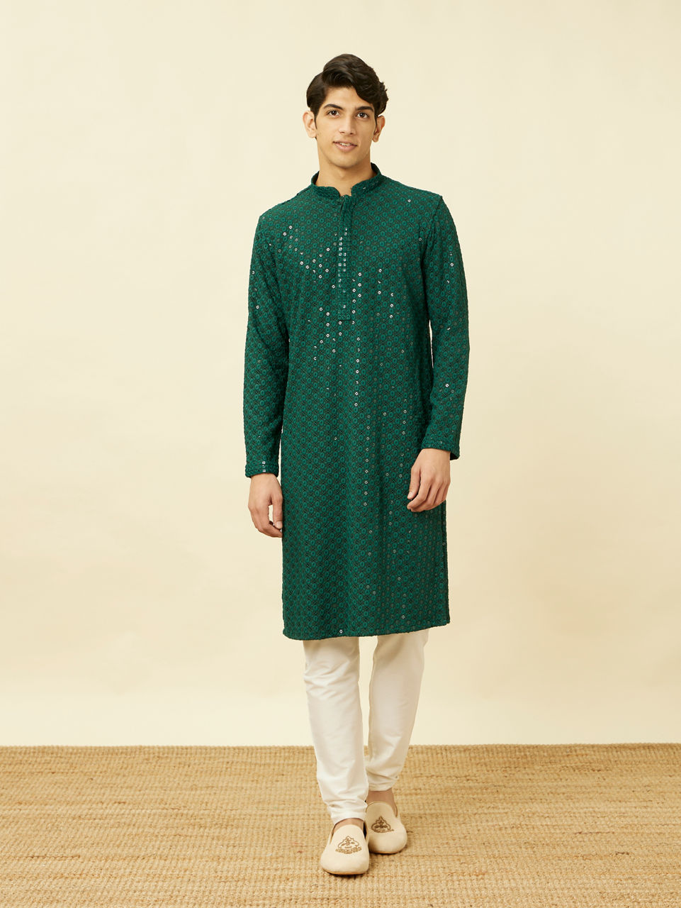 Manyavar Men Forest Green Chikankari Embroidered Sequined Kurta Set