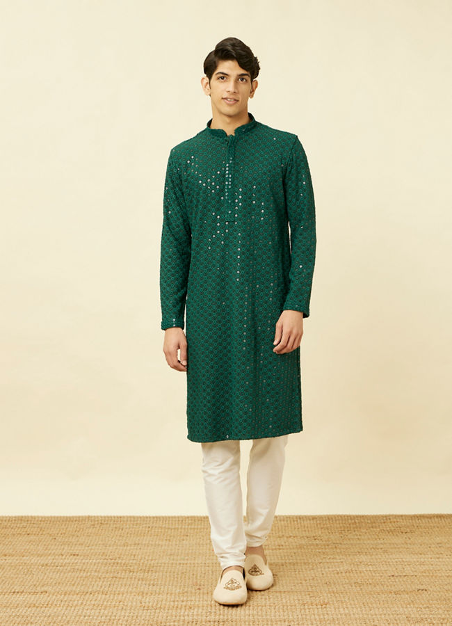 Manyavar Men Forest Green Chikankari Embroidered Sequined Kurta Set