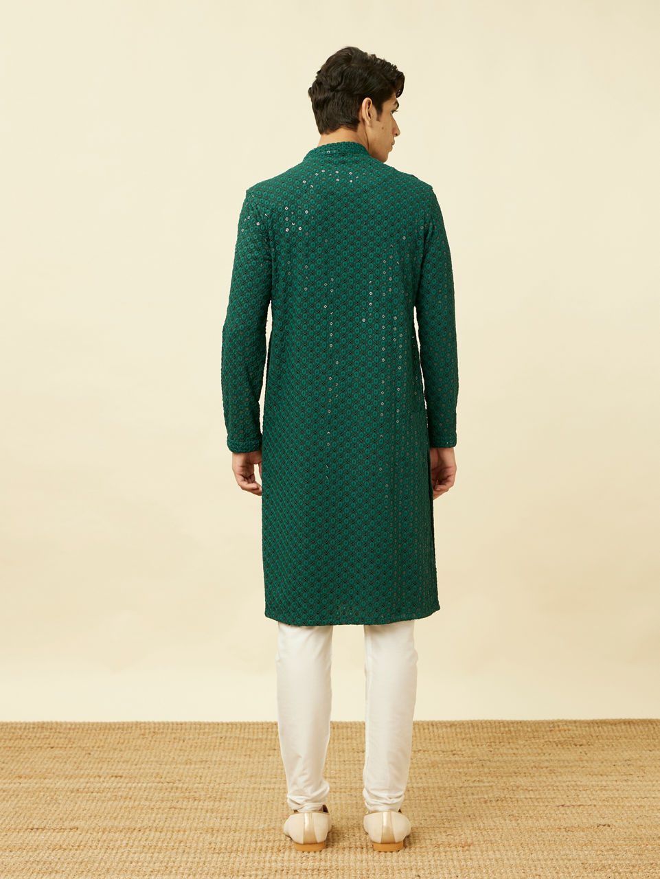 Manyavar Men Forest Green Chikankari Embroidered Sequined Kurta Set
