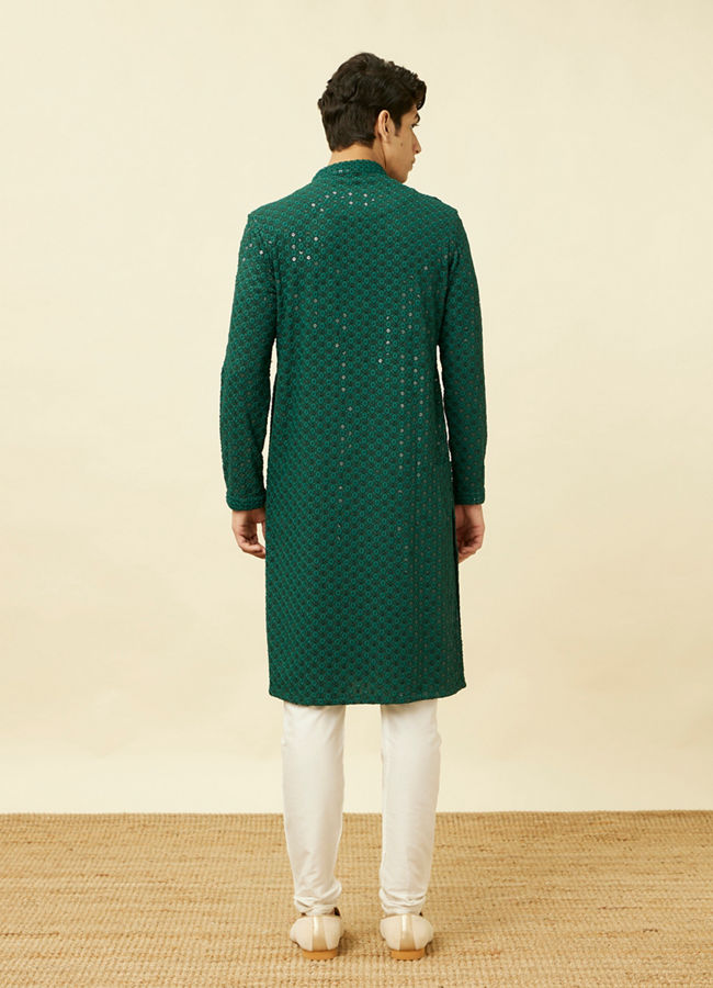 Manyavar Men Forest Green Chikankari Embroidered Sequined Kurta Set