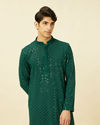 alt message - Manyavar Men Forest Green Chikankari Embroidered Sequined Kurta Set image number 0