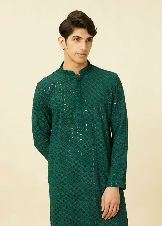 Manyavar Men Forest Green Chikankari Embroidered Sequined Kurta Set