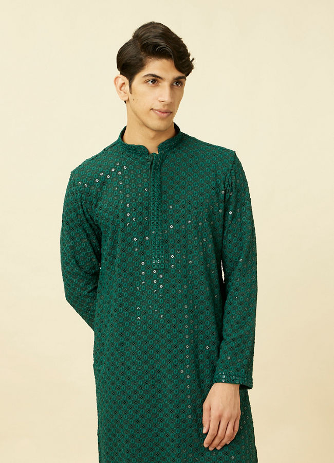 Manyavar Men Forest Green Chikankari Embroidered Sequined Kurta Set