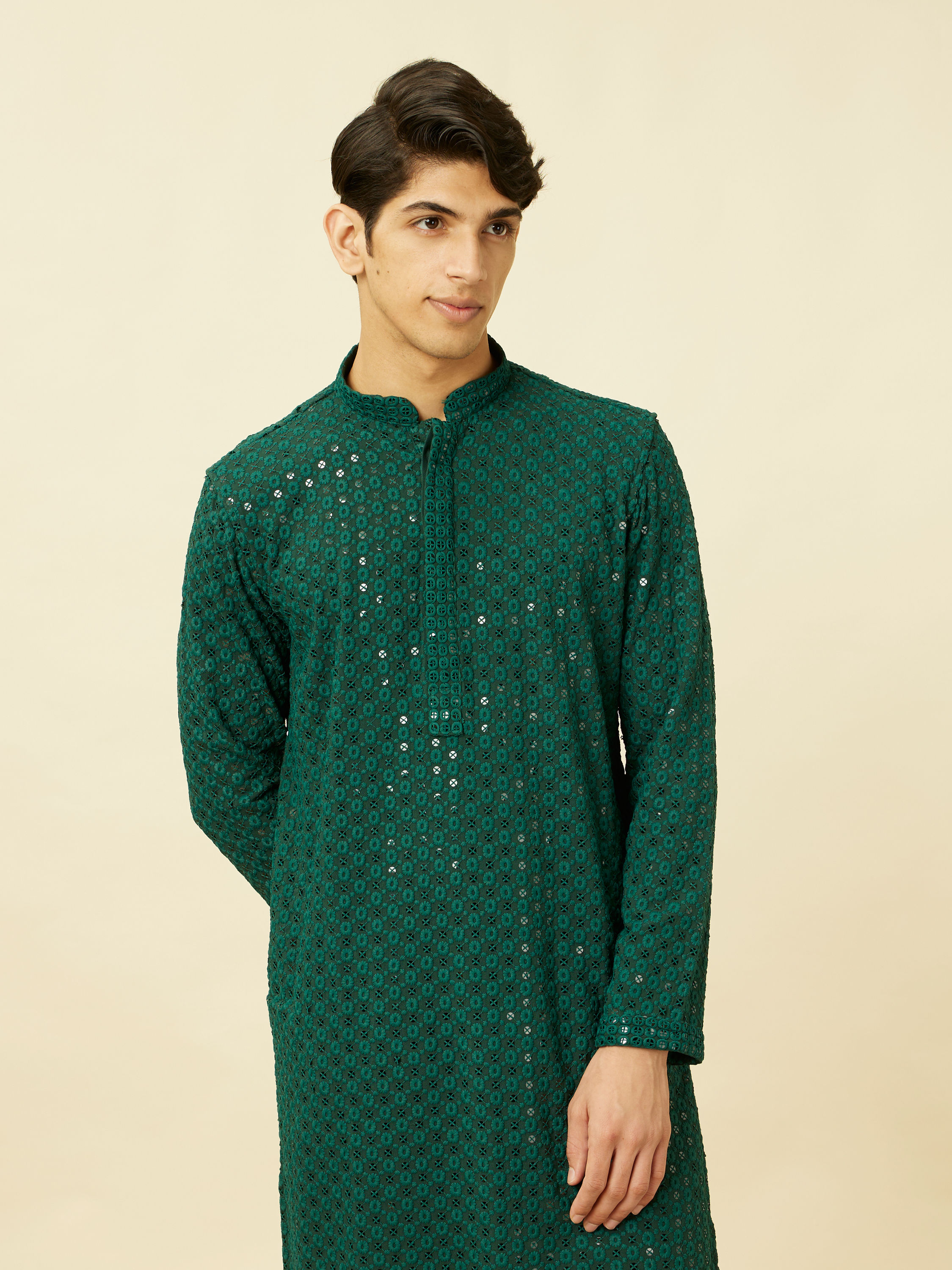 Manyavar Men Forest Green Chikankari Embroidered Sequined Kurta Set