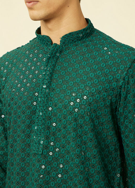 Manyavar Men Forest Green Chikankari Embroidered Sequined Kurta Set