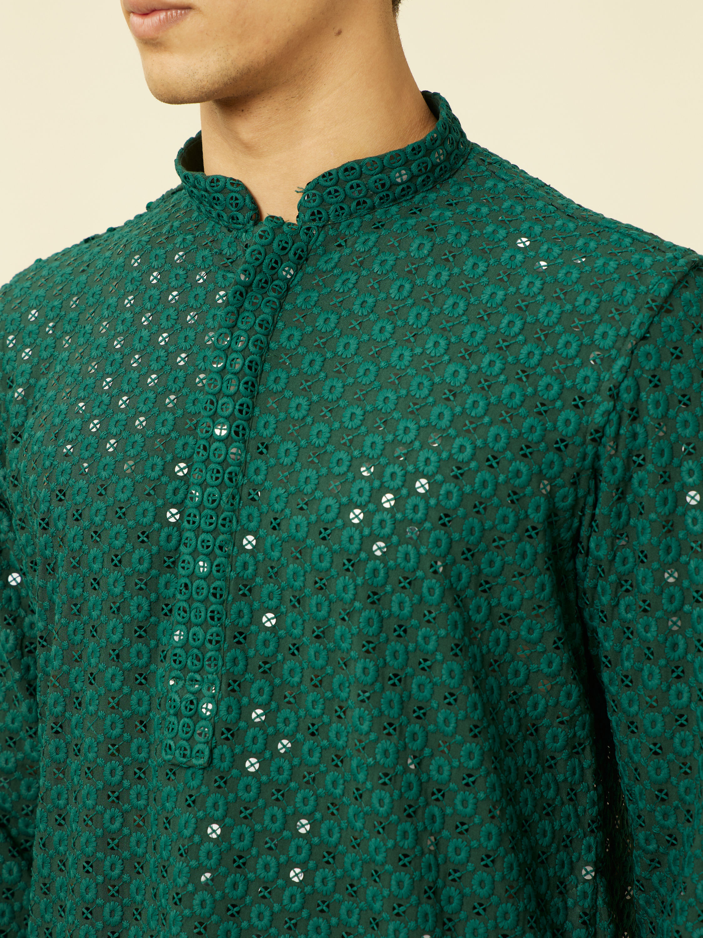 Manyavar Men Forest Green Chikankari Embroidered Sequined Kurta Set