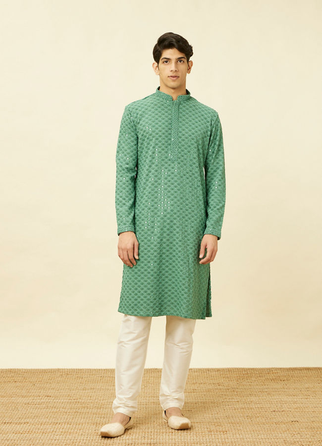 alt message - Manyavar Men Pastel Turquoise Blue Floral Chikankari Patterned Kurta Set image number 2