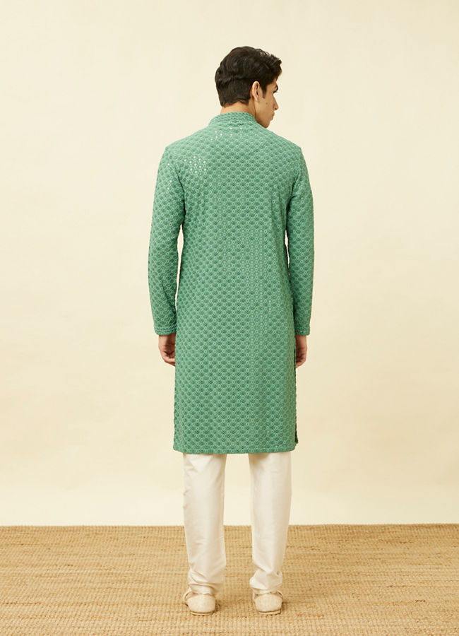 alt message - Manyavar Men Pastel Turquoise Blue Floral Chikankari Patterned Kurta Set image number 5