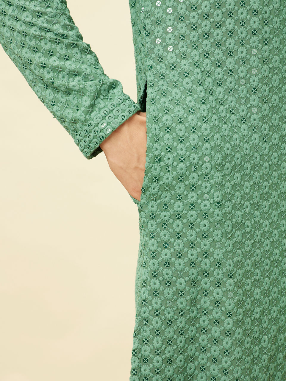 Manyavar Men Pastel Turquoise Blue Floral Chikankari Patterned Kurta Set