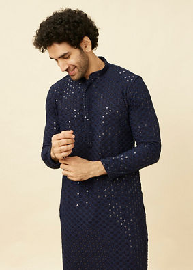 alt message - Manyavar Men Dark Blue Chikankari Kurta image number 0